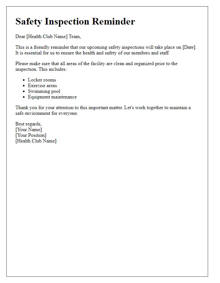 Letter template of health club safety inspections reminder