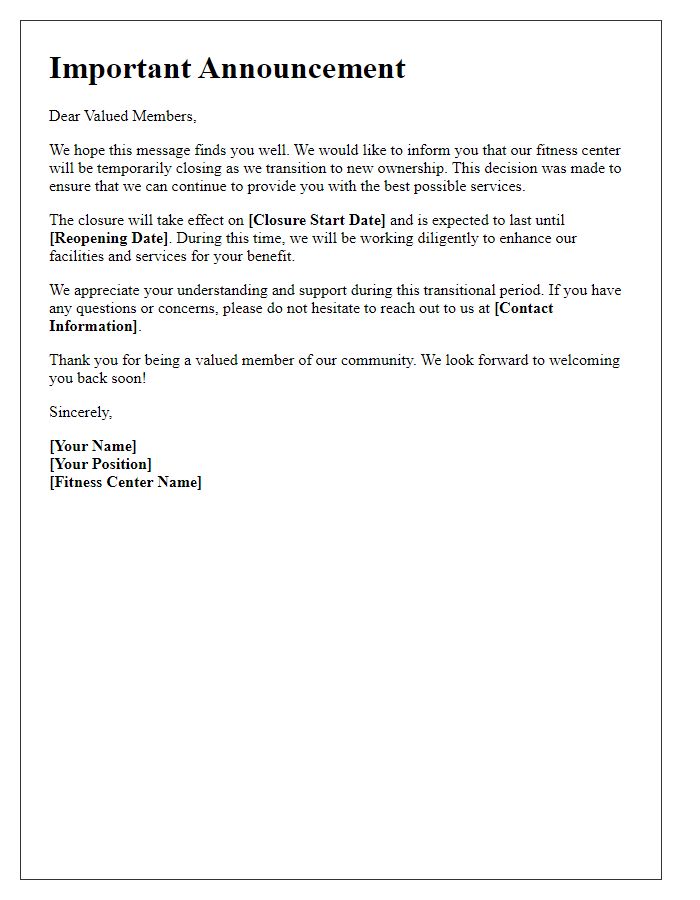 Letter template of Closure Announcement During Fitness Center Ownership Transition