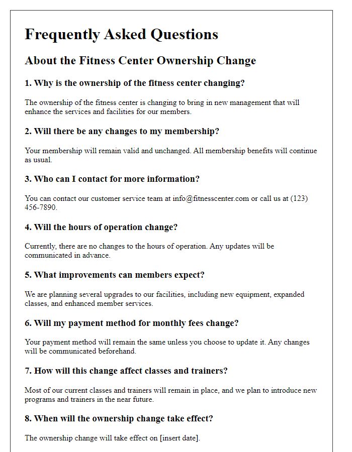 Letter template of FAQs Regarding Fitness Center Ownership Change