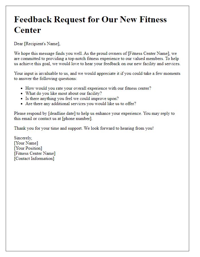 Letter template of Feedback Request for New Fitness Center Owners