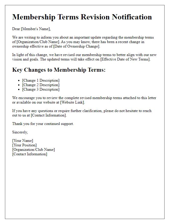 Letter template of Membership Terms Revision Following Ownership Change