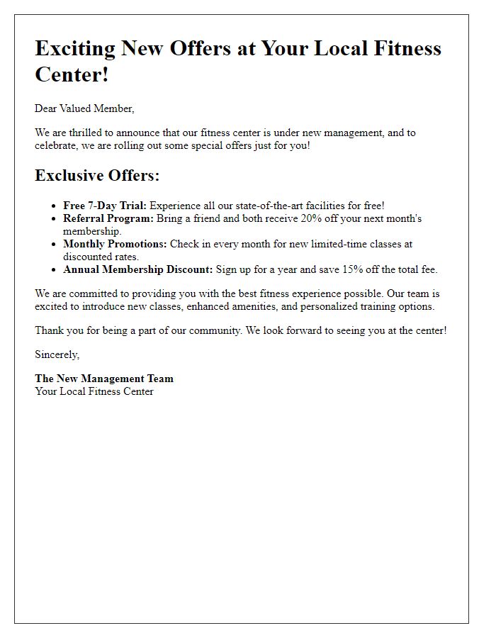 Letter template of Special Offers Under New Fitness Center Management