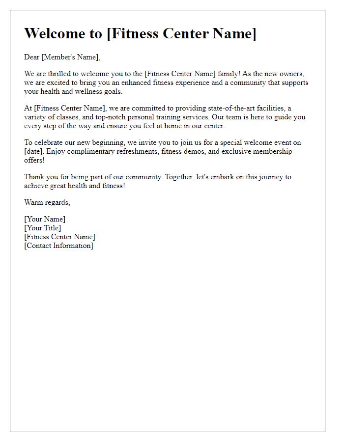 Letter template of Welcome Message for New Fitness Center Ownership