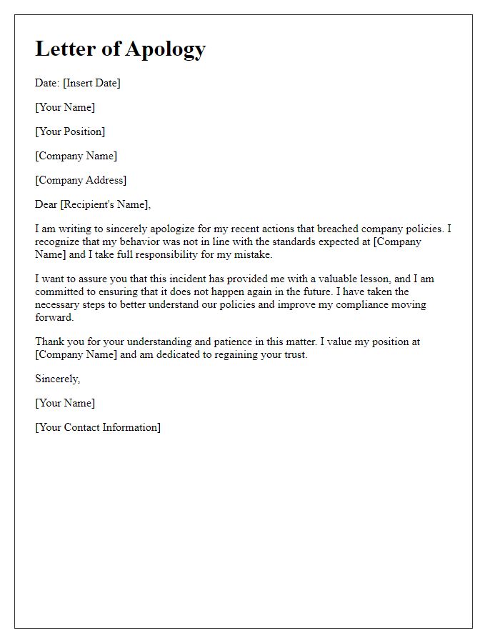 Letter template of sincere apology for breaching company policy.