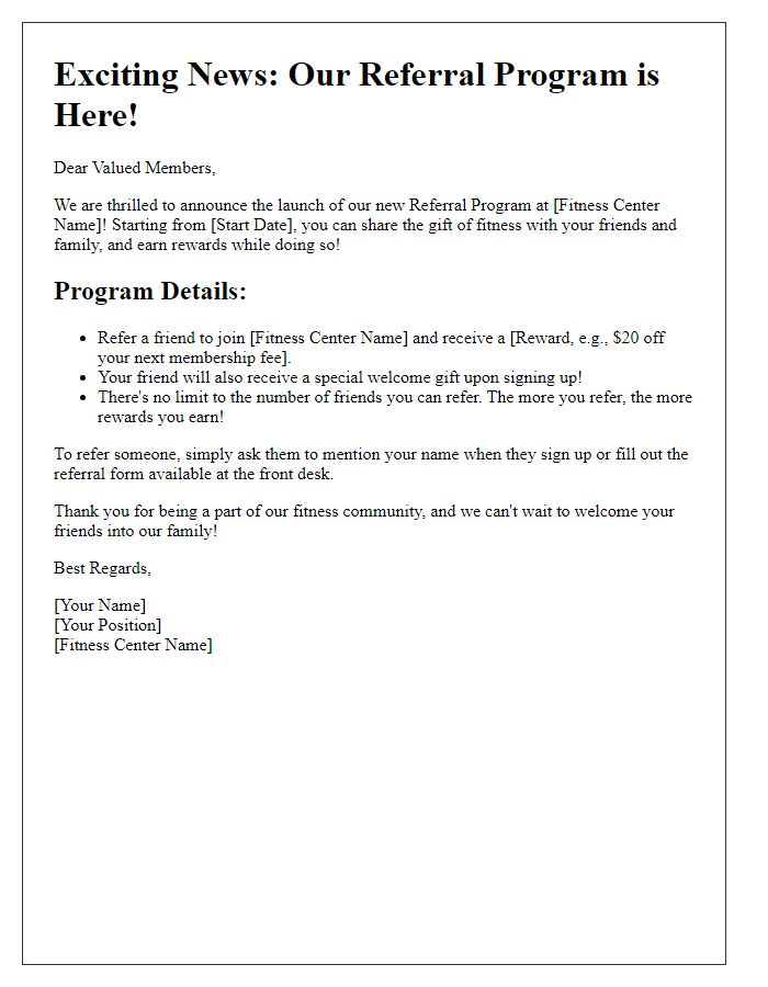 Letter template of announcement for fitness center referral program details.