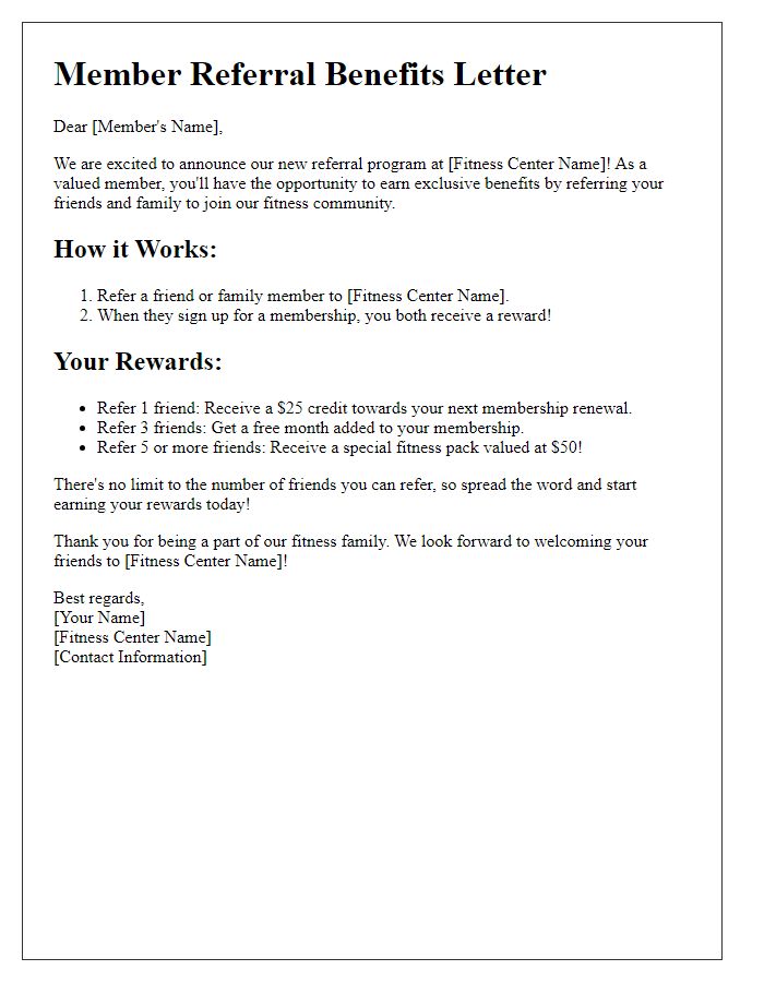 Letter template of benefits for fitness center member referrals.