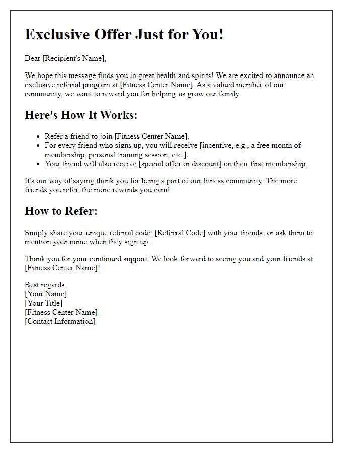 Letter template of exclusive offer for fitness center referrals.