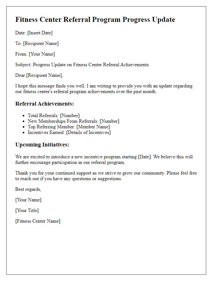 Letter template of progress update on fitness center referral achievements.