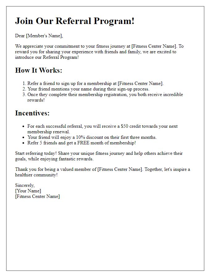 Letter template of referral program incentives for fitness center users.