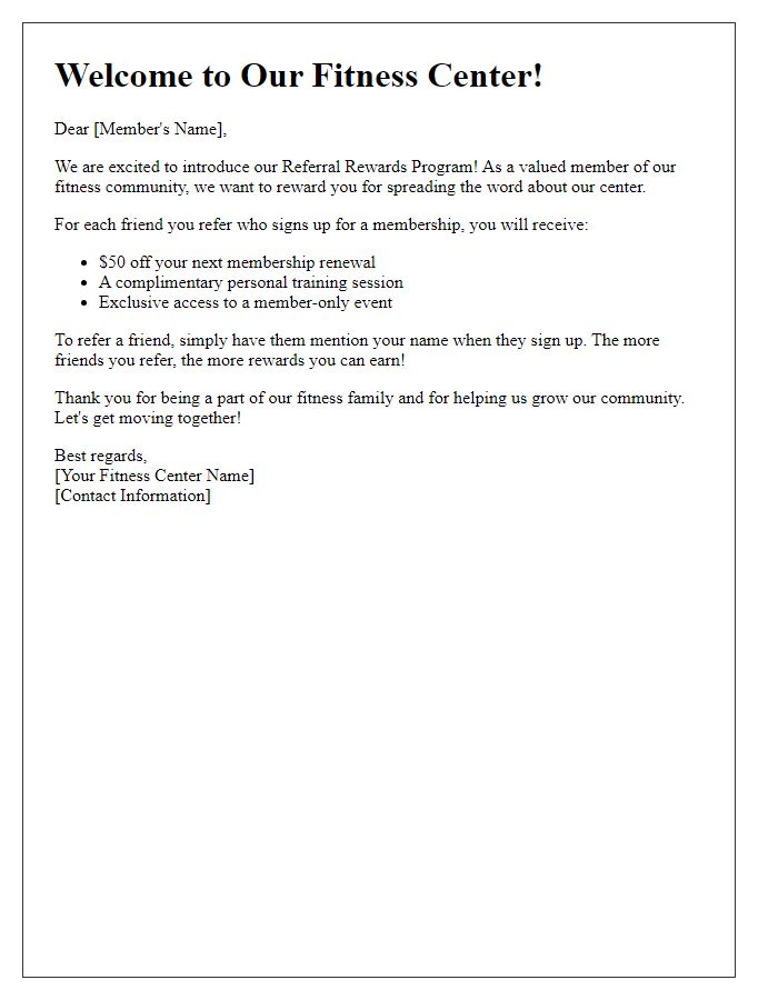 Letter template of referral rewards for fitness center members.