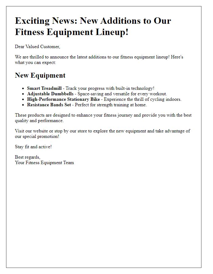 Letter template of latest additions to our fitness equipment lineup