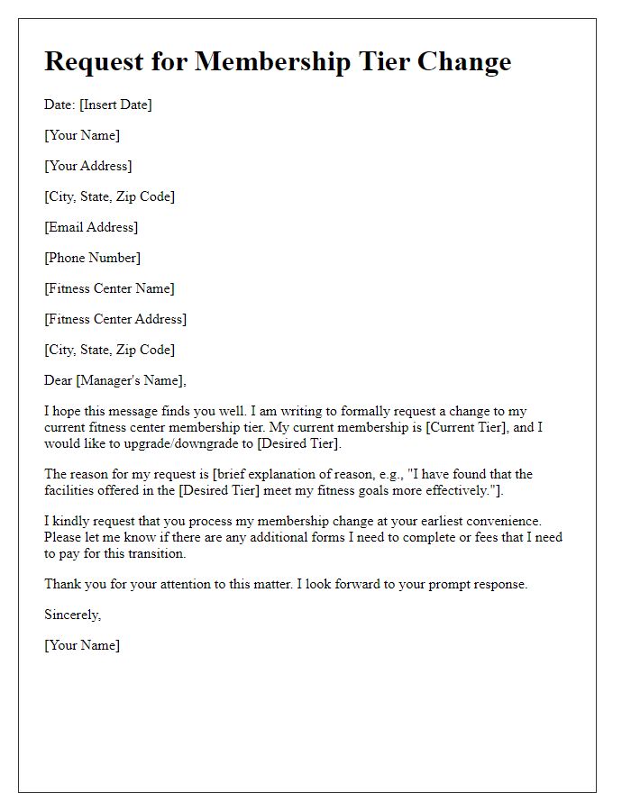Letter template of demand for fitness center membership tier change