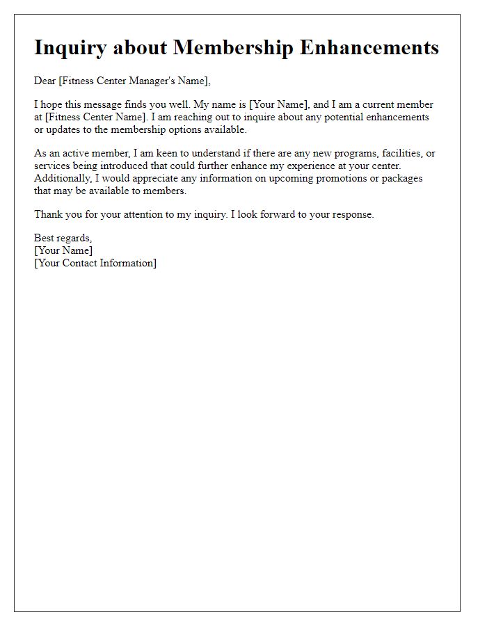 Letter template of inquiry about fitness center membership enhancements