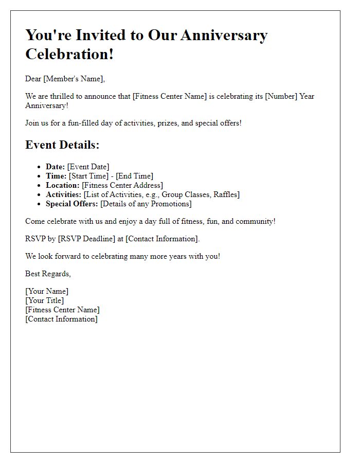 Letter template of fitness center anniversary celebration event details