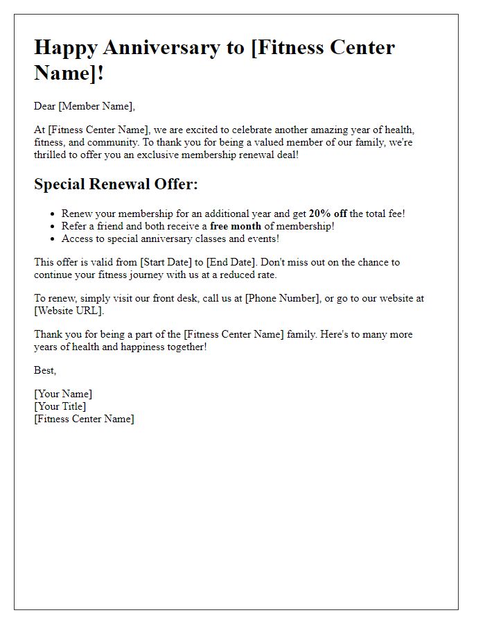 Letter template of fitness center anniversary celebration membership renewal offer