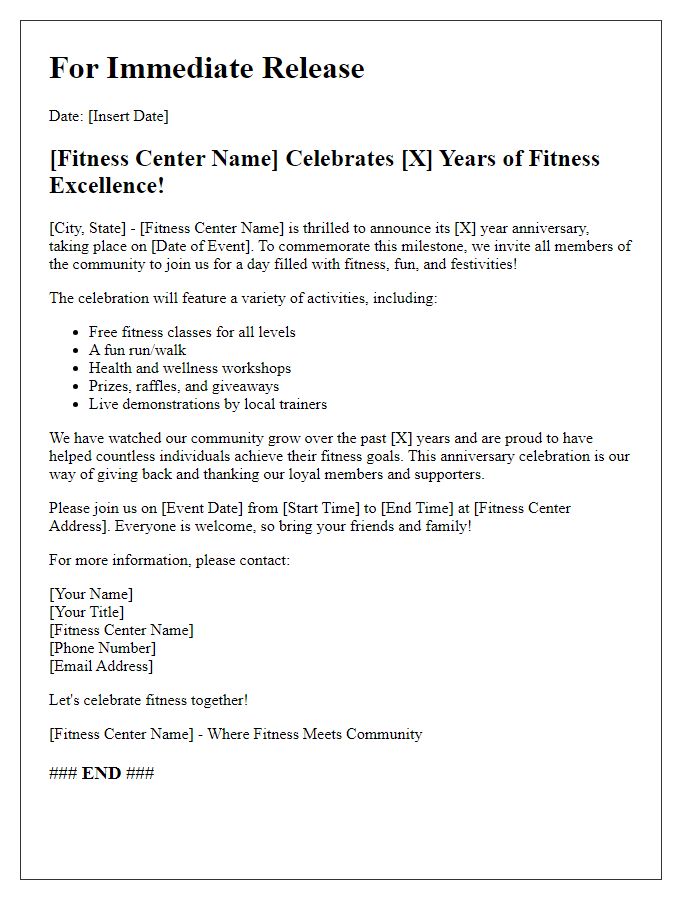 Letter template of fitness center anniversary celebration press release