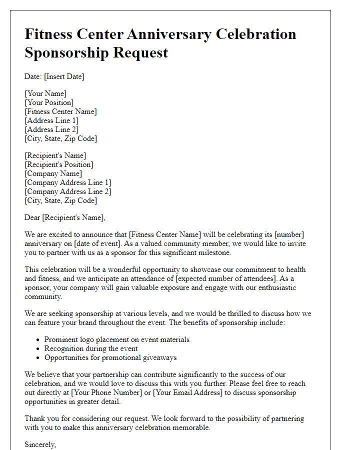 Letter template of fitness center anniversary celebration sponsorship request