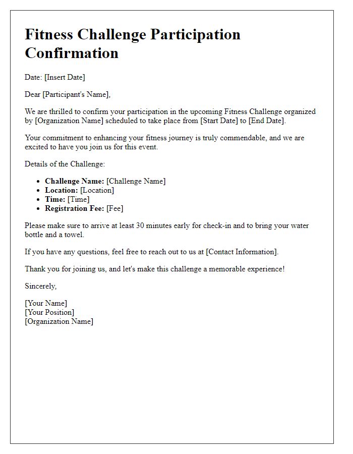 Letter template of confirmation for fitness challenge participation