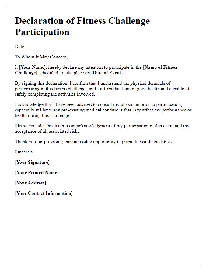 Letter template of declaration for fitness challenge participation