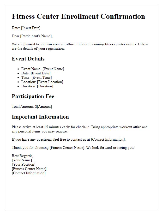 Letter template of enrollment for fitness center events