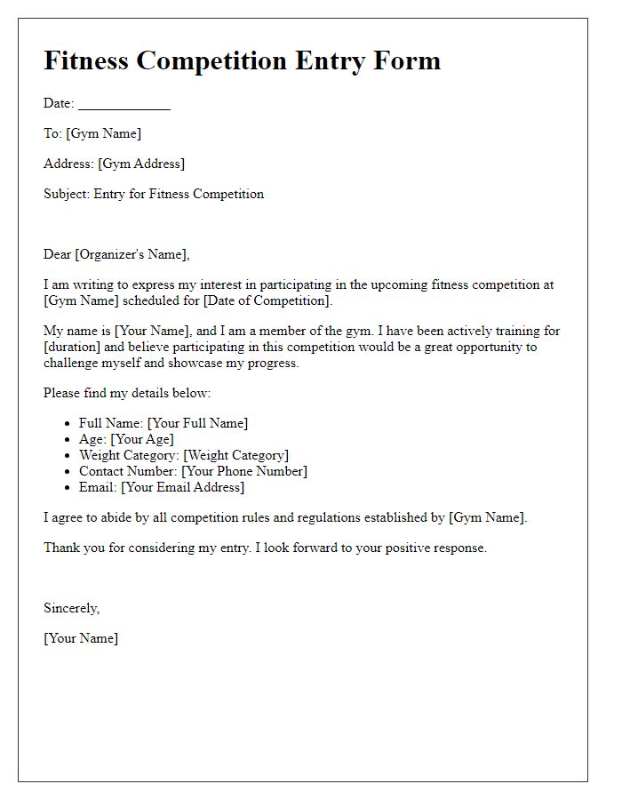 Letter template of entry for fitness competition at local gym