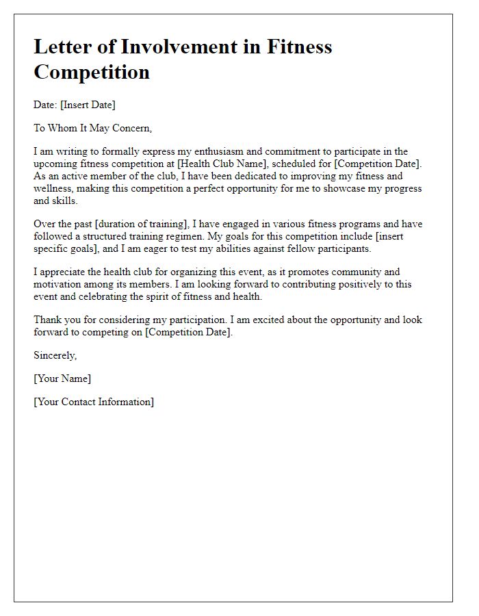 Letter template of involvement in fitness competition at health club