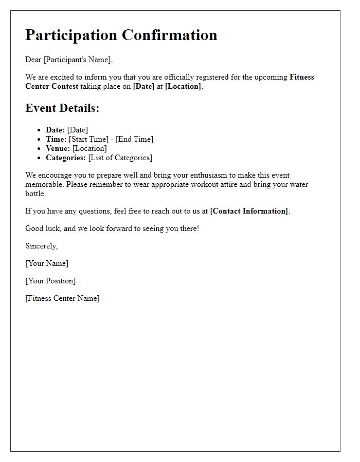 Letter template of participation in fitness center contest for enthusiasts