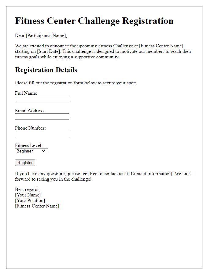 Letter template of registration for fitness center challenge