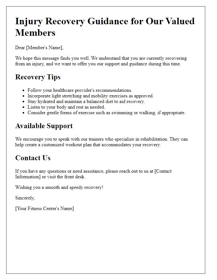 Letter template of injury recovery guidance for fitness center members