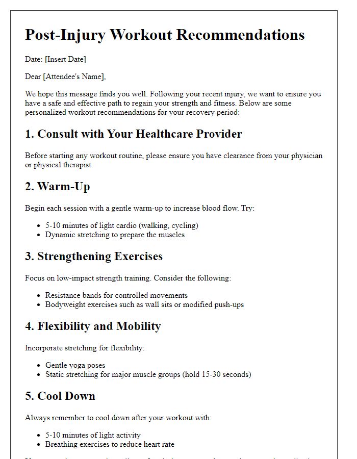 Letter template of post-injury workout recommendations for gym attendees