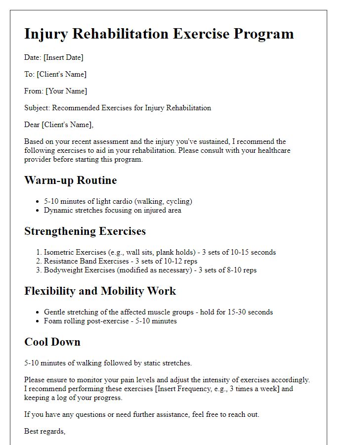 Letter template of recommended exercises for injury rehabilitation in fitness centers