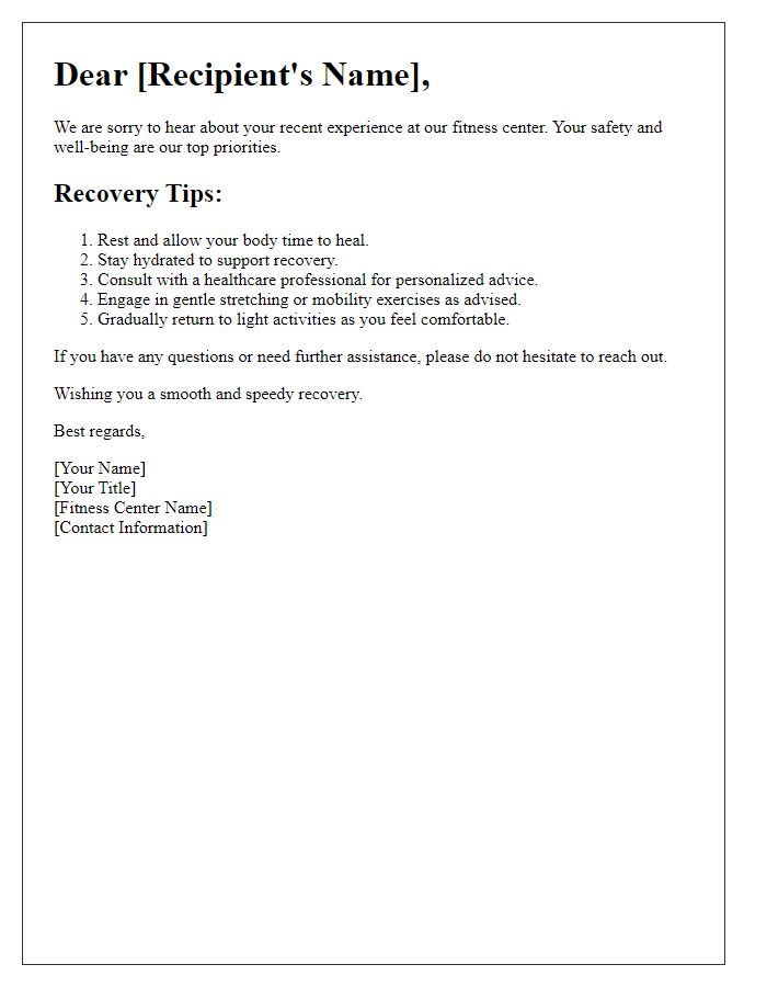 Letter template of recovery tips following fitness center accidents