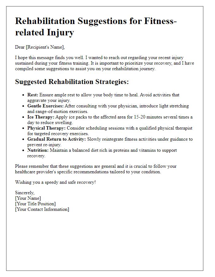 Letter template of rehabilitation suggestions after fitness-related injuries