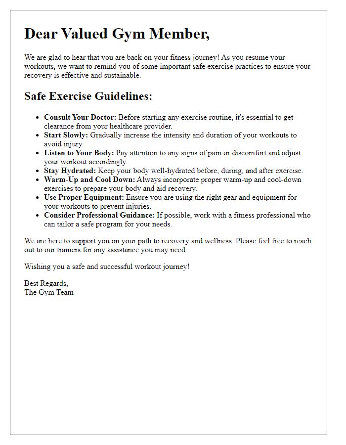 Letter template of safe exercise practices for recovering gym members