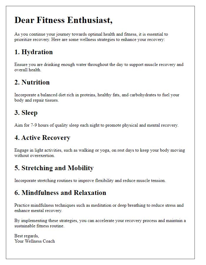 Letter template of wellness strategies to enhance recovery for fitness enthusiasts