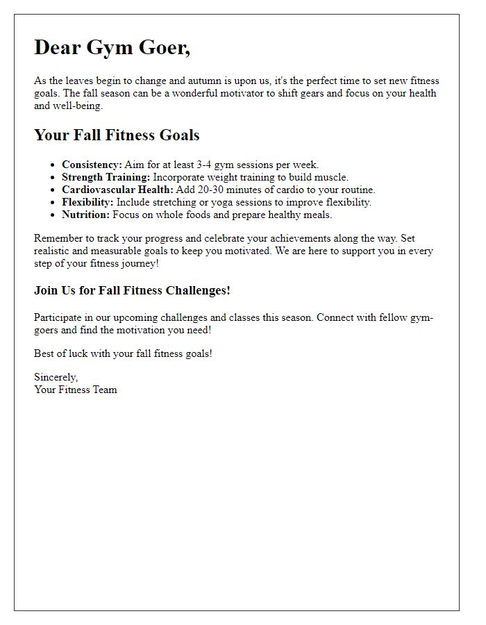 Letter template of fall fitness goals for gym goers