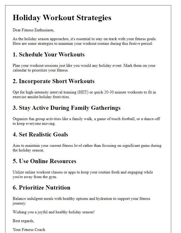 Letter template of holiday workout strategies for fitness enthusiasts