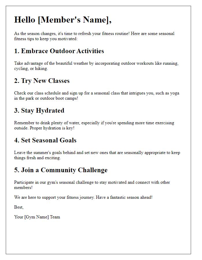 Letter template of seasonal fitness tips for gym members