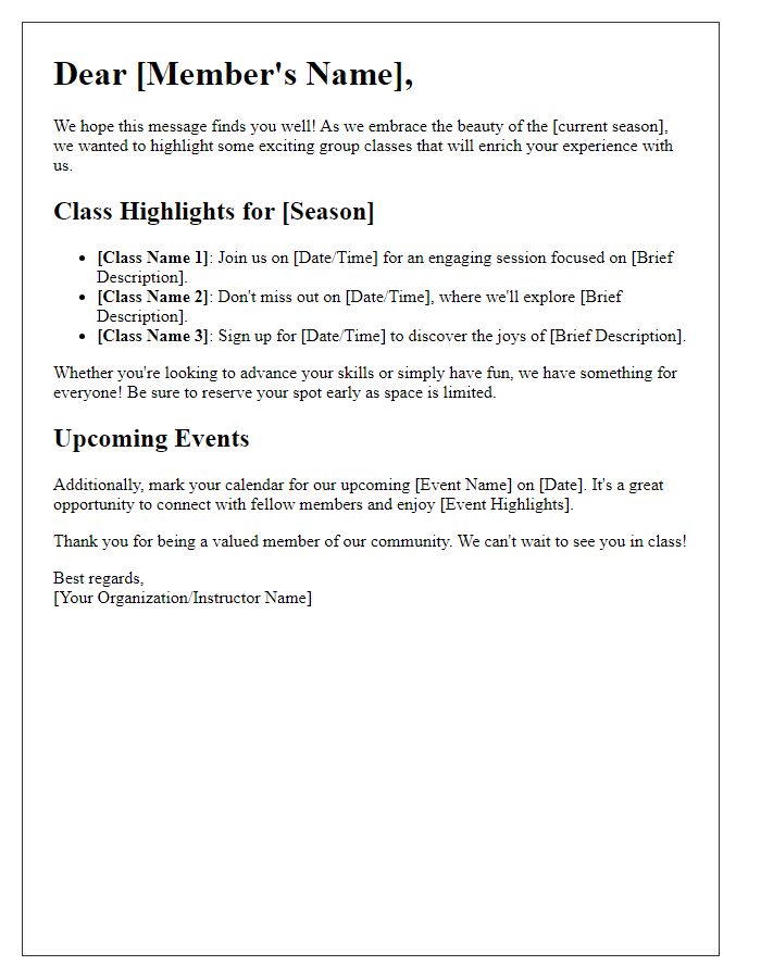 Letter template of seasonal group class highlights for members