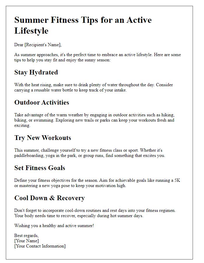 Letter template of summer fitness advice for active lifestyles