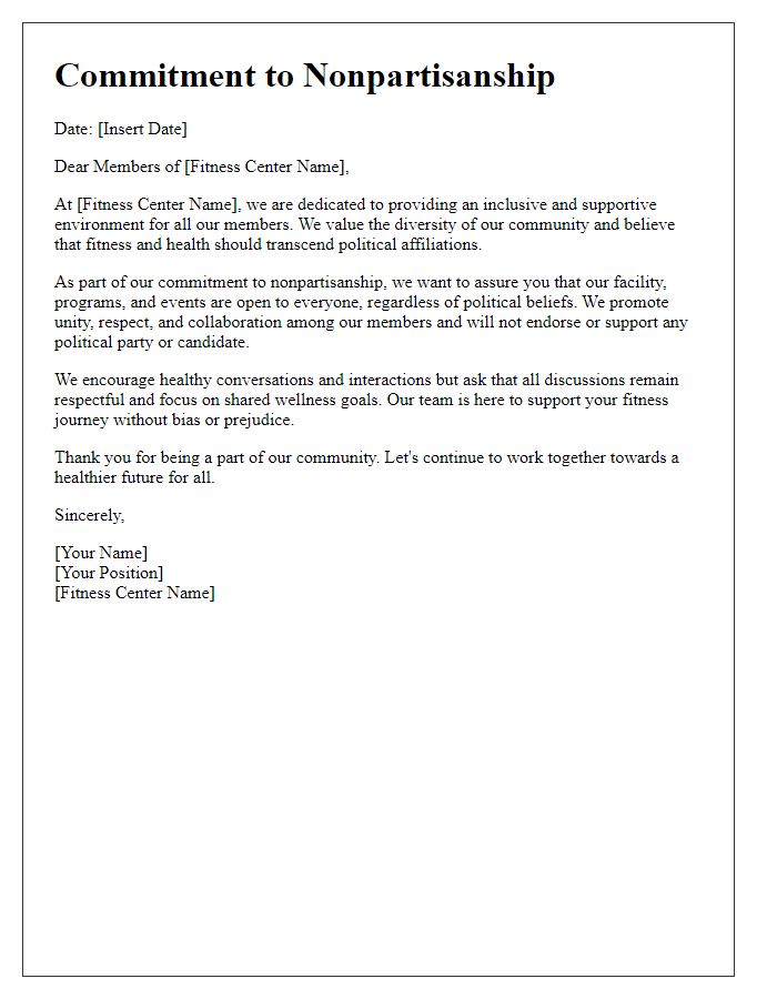 Letter template of fitness center commitment to nonpartisanship.