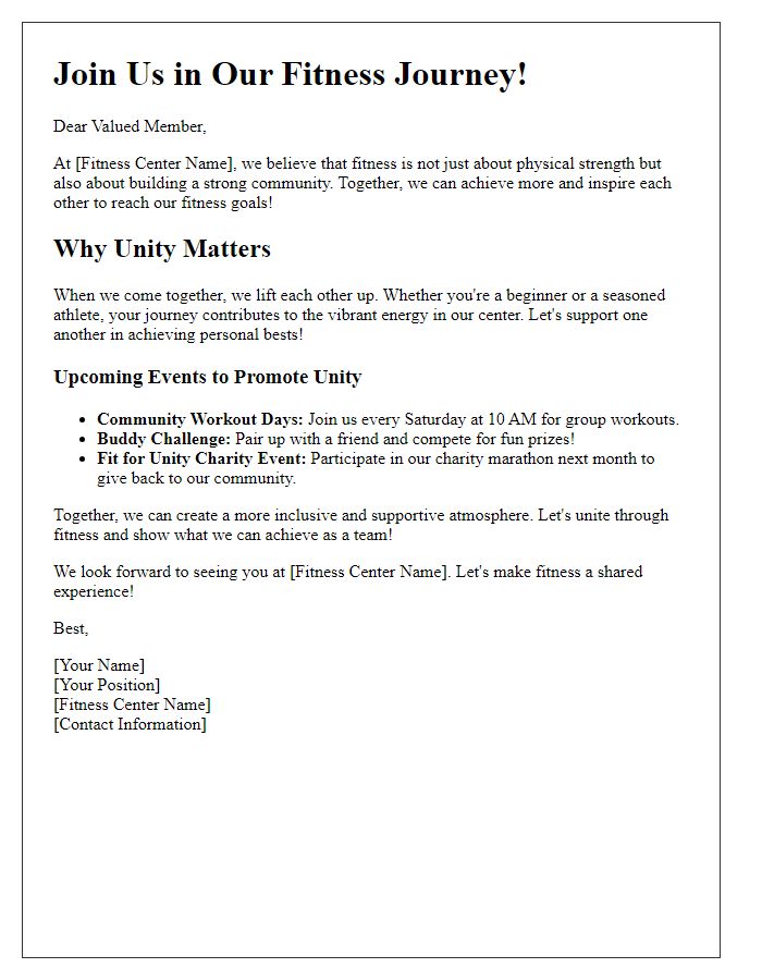 Letter template of fitness center promoting unity through fitness.