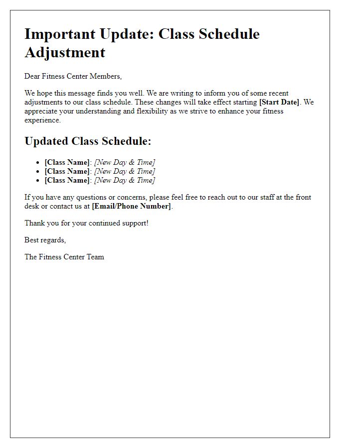 Letter template of fitness center class schedule adjustment message