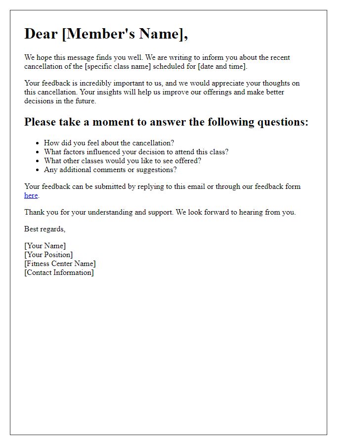 Letter template of fitness center class schedule cancellation feedback request
