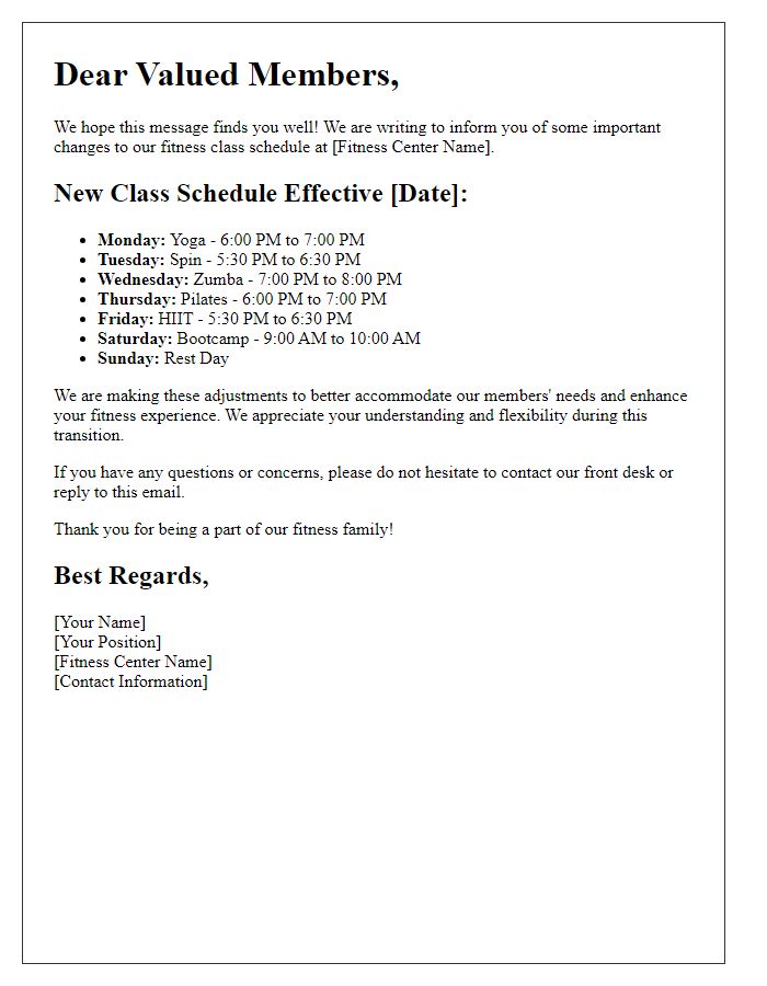 Letter template of fitness center class schedule change announcement