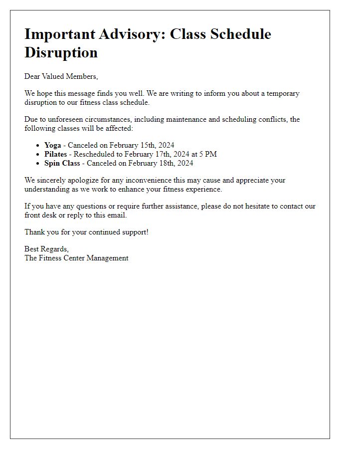 Letter template of fitness center class schedule disruption advisory