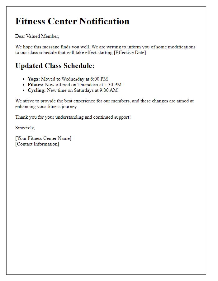 Letter template of fitness center class schedule modification notification