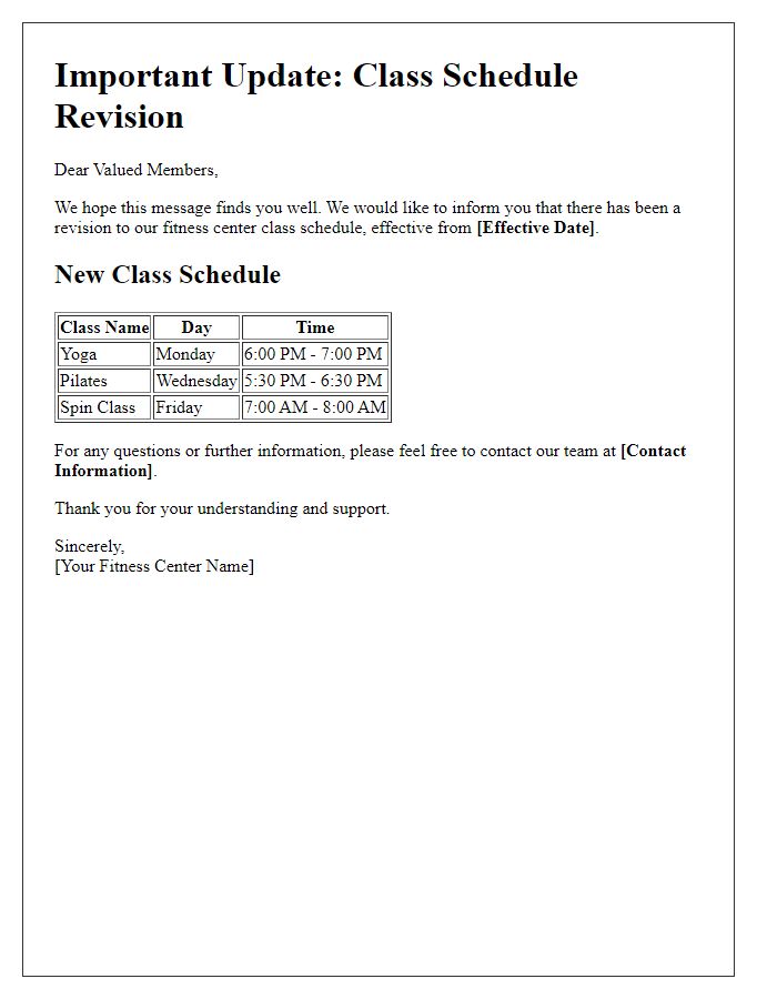 Letter template of fitness center class schedule revision alert