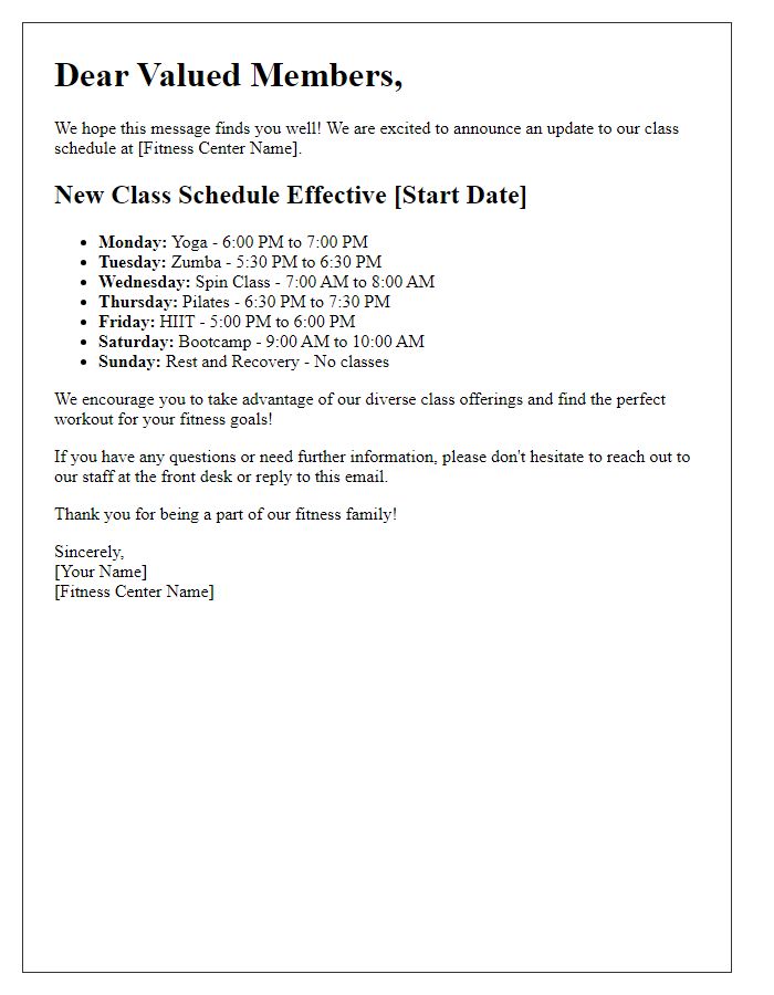 Letter template of fitness center class schedule update communication