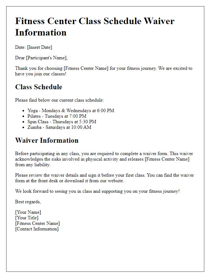 Letter template of fitness center class schedule waiver information